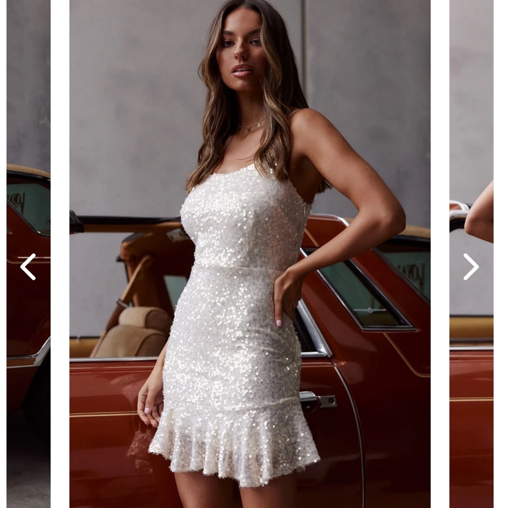 NWT Selfie Leslie Don’t Wait Up One Shoulder sequin dress SMALL CREAM